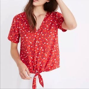 Red floral Madewell top with tie front size XL